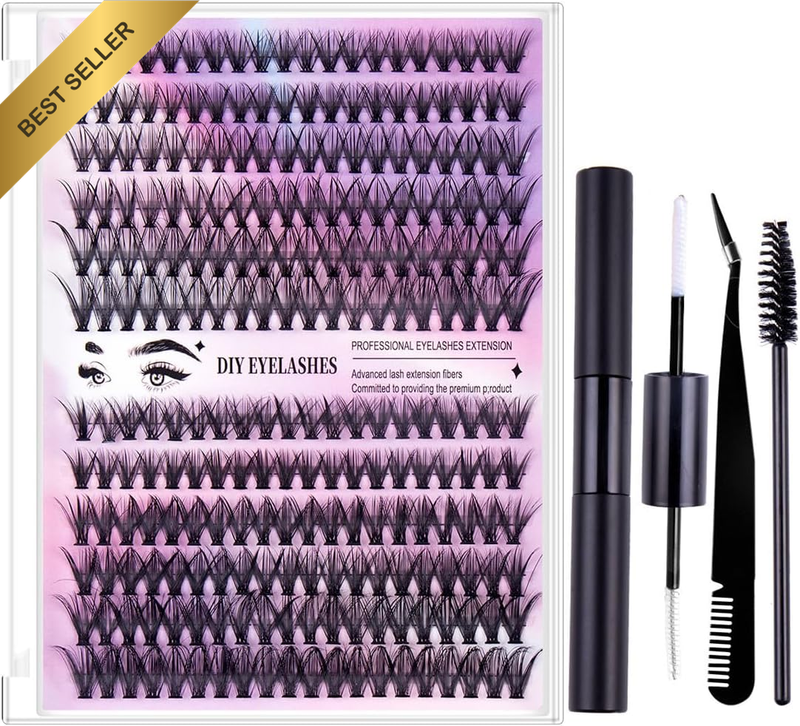 DIY Lash Extension Kit with Individual Cluster Lashes, D Curl, Lengths 0.39/0.47