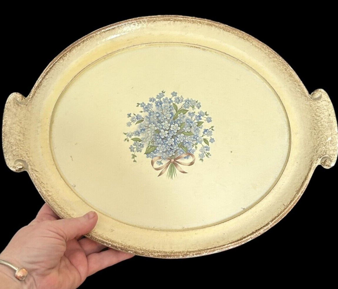 70s Italian Antiqued 10x13 Oval Vanity Bar Serving Tray Blue Floral Transferware