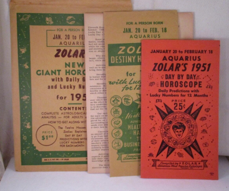 Vtg 1951 Zolar'S Destiny Horoscope Aquarius Guide Predictions Numbers Zodiac