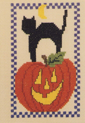 Cross Stitch Primitive Halloween Pumpkin Black Cat Moon  Pattern EASY to do!