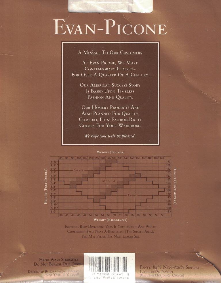 Evan Picone Control Top Sandalfoot Silkee Sheer Pantyhose Paris White Size M