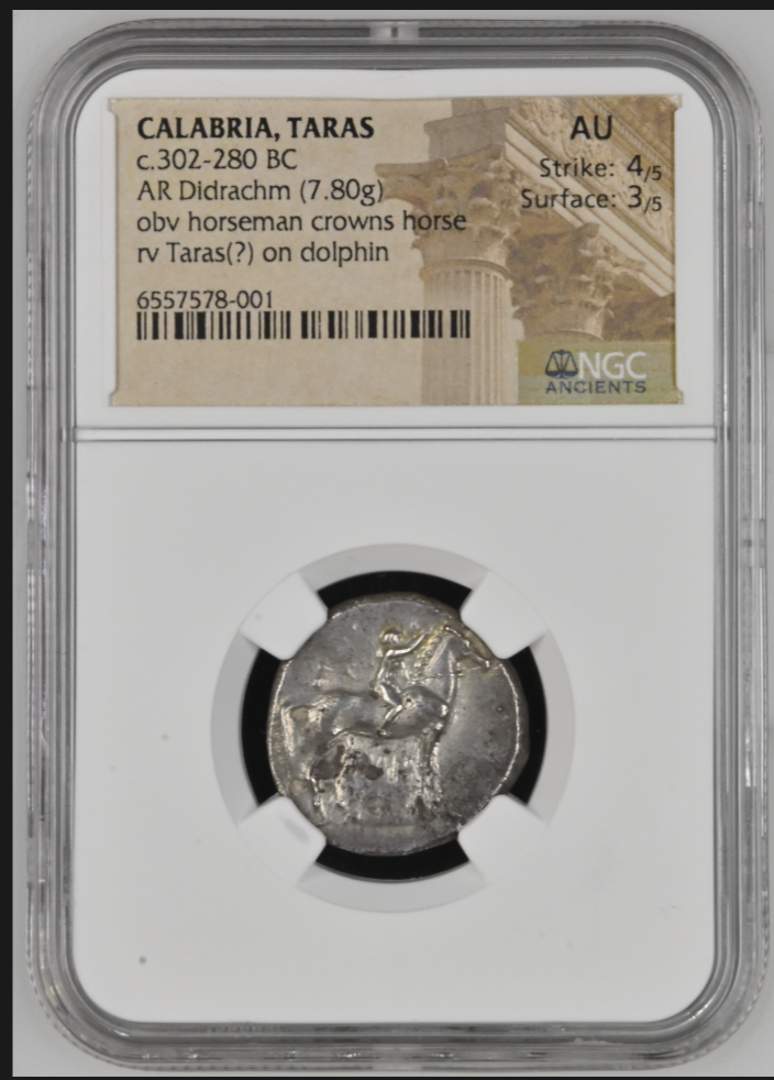 Calabria, Taras AR Didrachm 7.80g (Nike & Dolphin) c.302-280 BC Certified NGC AU