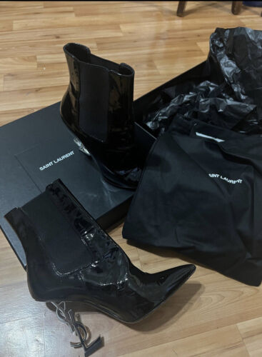 YSL Saint Laurent Black Opyum 110 Patent Leather YSL Heel Logo Women's Boots