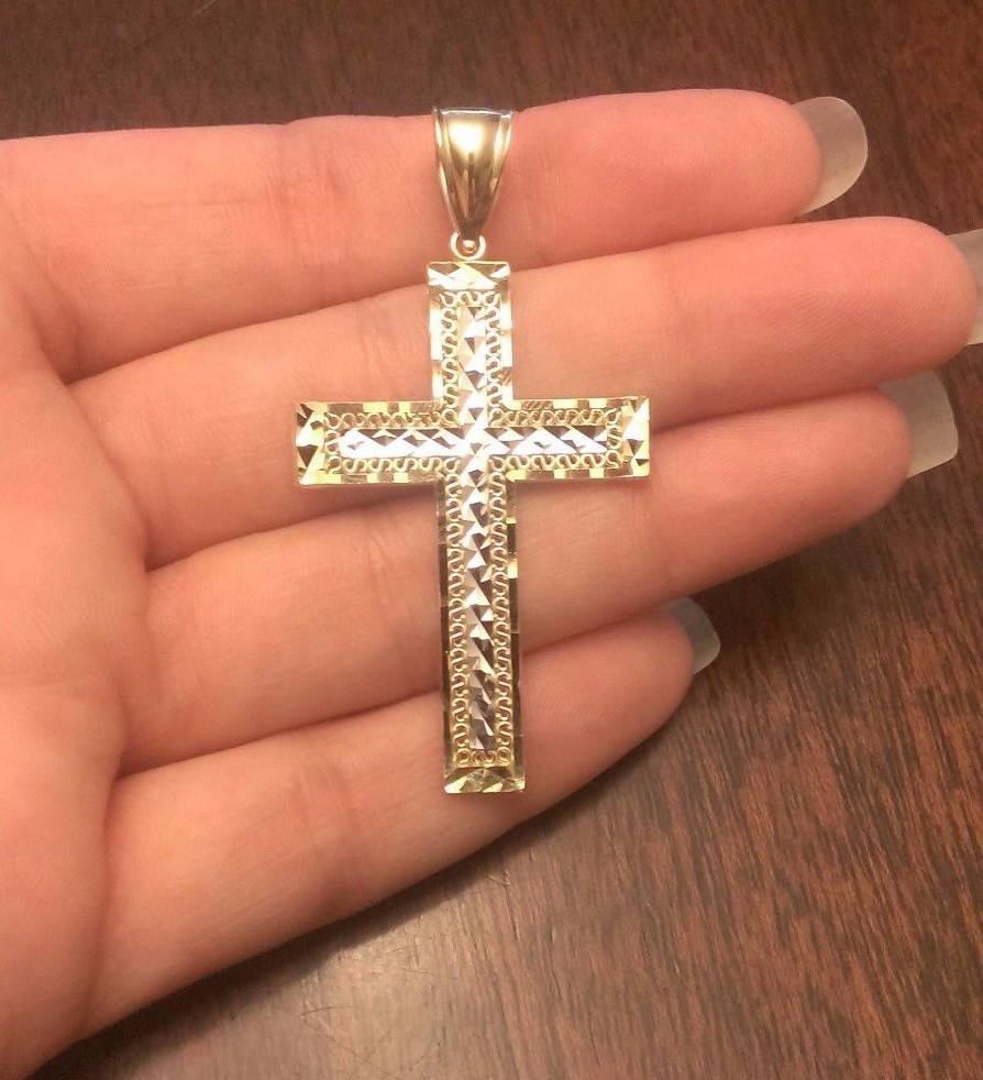 10k Two-Tone Gold Filigree Heart Cross Pendant With Diamond Accent - Dainty Necklace Charm For Women