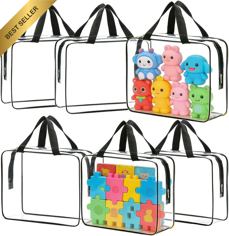 6-Pack Extra Large Clear Toy Storage Bags with Zipper and Labels,30×22×10Cm Reus