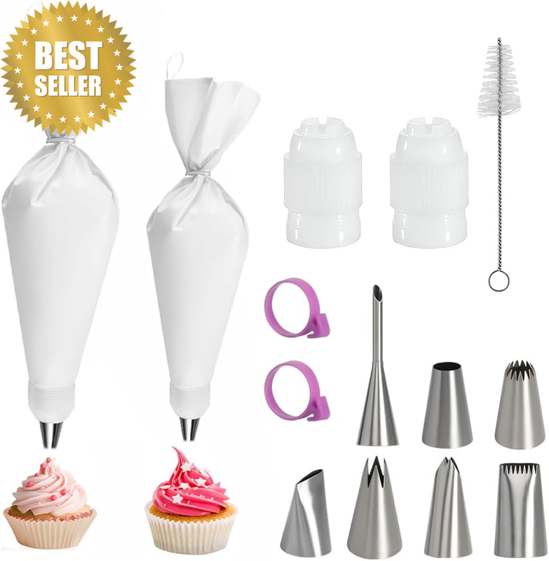 15PCS Reusable Cotton Piping Bags and Tips Set, 12/14 Inch Cotton Pastry Bags, 7
