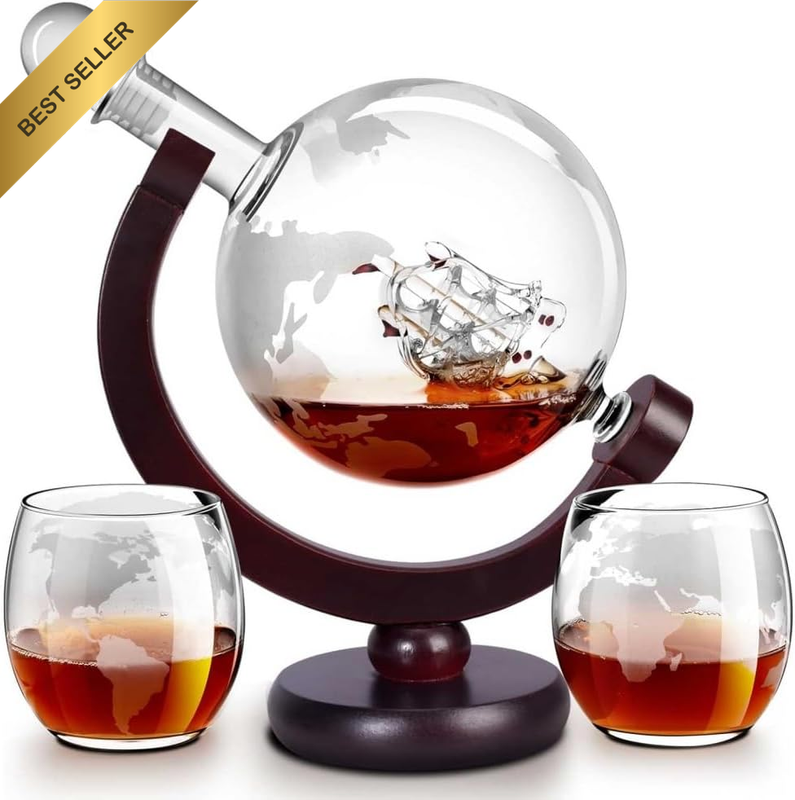 Whiskey Globe Decanter Set,With 2 Etched Whiskey Glasses,850Ml Hand-Blown Glass