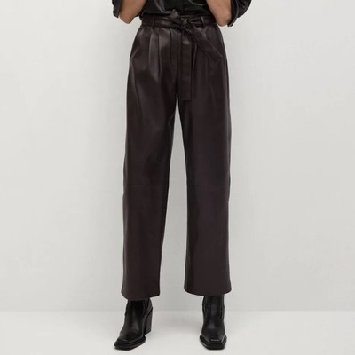 NWT Size 2 MNG Chocolate Brown Vegan Leather High Rise Belted Straight Leg Pants