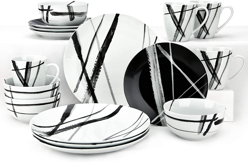 16 Piece round Dinnerware Sets, Black and White Metro Stoneware Dish Sets, Dishw