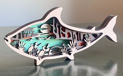 Lake Fish Trout Fishing Wetlands Scene Wood Wooden 3D Shadow Box Diorama New