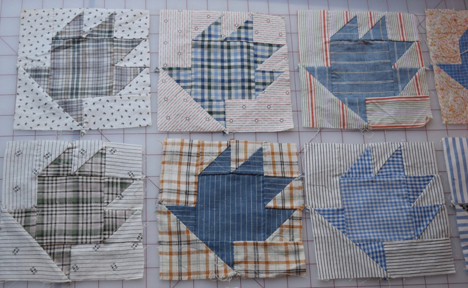 6799 19 antique 1880-1915s Basket quilt blocks, cadet blue, thread dyed plaids