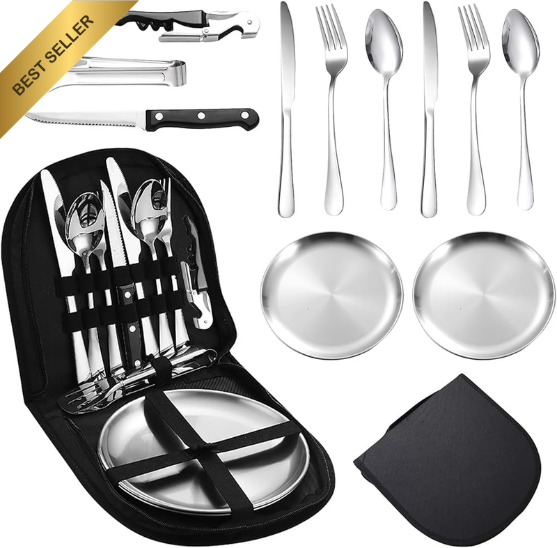 Camping Cutlery Set, 12 Piece Stainless Steel Portable Utensils, Travel Essentia