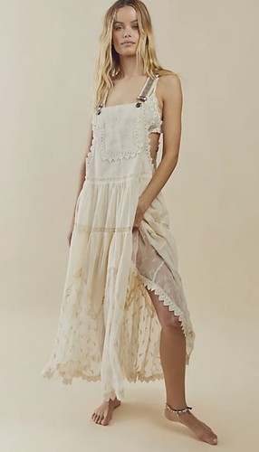 

Винтажный комбинезон Free People Trails End, связанный крючком, платье макси, юбка, Цвет слоновой кости