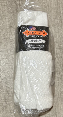 Extra Wide Tube Socks Size 9-16 Up to 6E Stretch 3-Pack White Made in USA A8