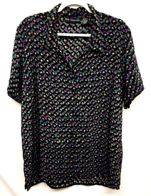 Mlle gabrielle 2X black short sleeve abstract shoulder pads button down top