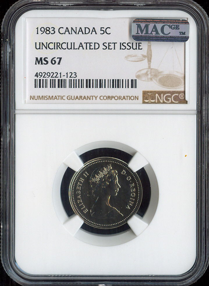 1983 Canada 5 Cents 5C NGC MS67 MAC - Quality