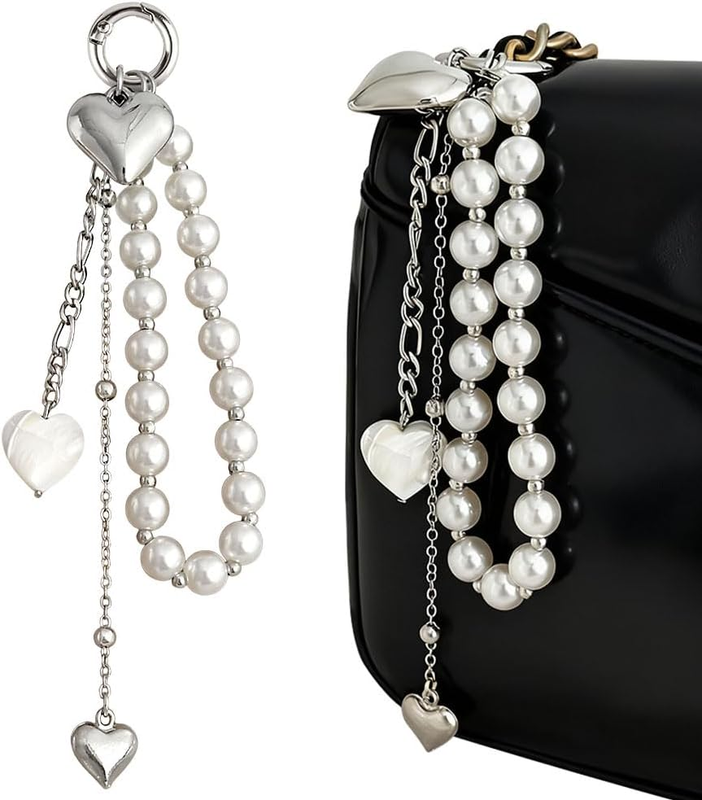 White Pearl Beaded Keychain Heart Tassel Bag Charm Purse Handbag Backpack Cute