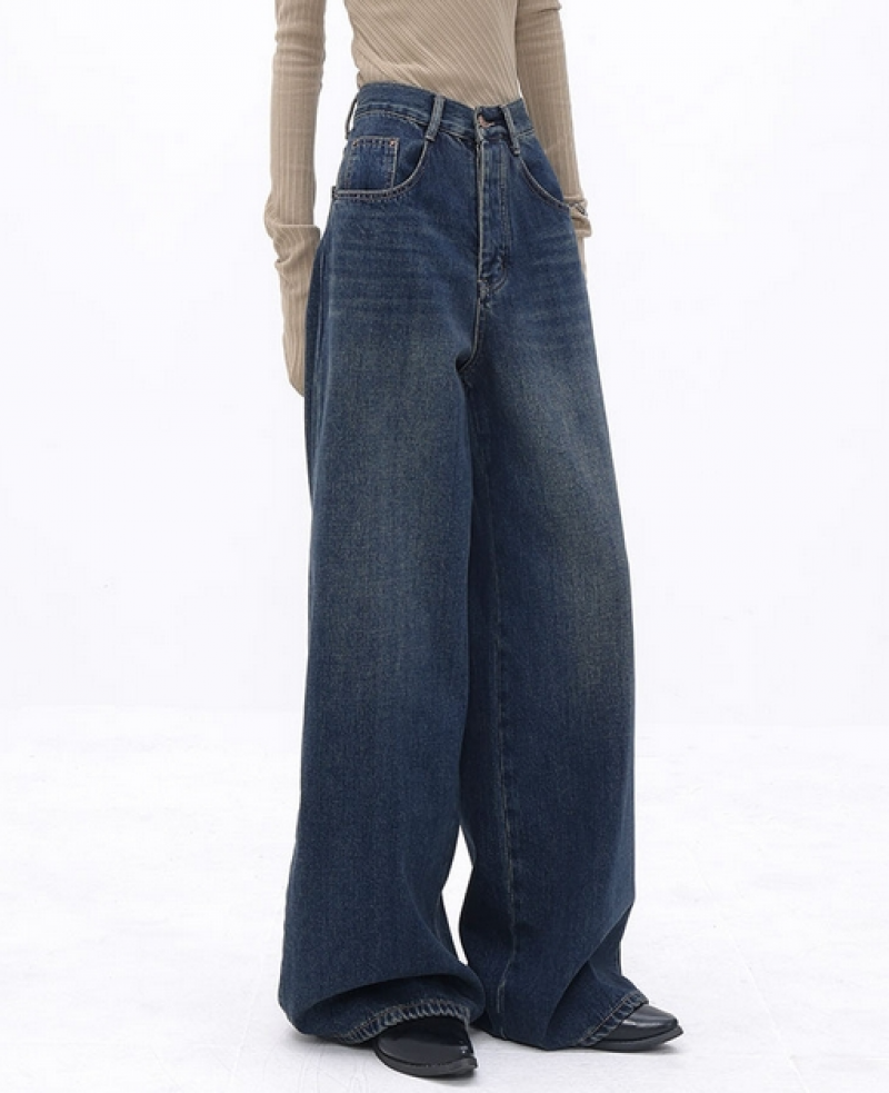 Vintage Style Women Flare Wide Leg Jeans Baggy Denim Pants