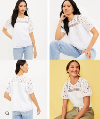 ANN TAYLOR LOFT Mixed Eyelet Puff Sleeve LINED Top - SIZE L - NWT