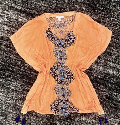 Venus Lascana Damask V-Neck Tassel Cover-Up in Melon + Turq | SZ Small