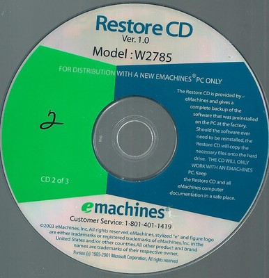 Emachine RESTORE CD Ver1.0 Model W2785 VGC (3 Disc)