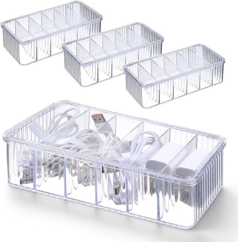 4 Pcs Cord Organizer Box, Transparent Six-Compartment Organizer, Design with Dus