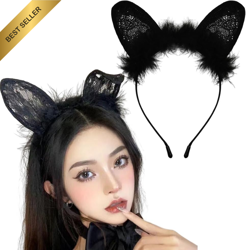 Halloween Sexy Black Lace Cat Bunny Ears Headband Women Cosplay Headdress