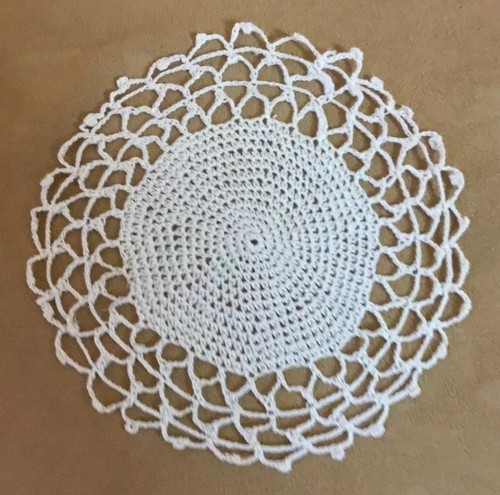 Vintage Hand Crocheted Round Doily, Circular Design, Lt. Beige, Scalloped Edges