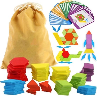 209 PCS Wooden Pattern Blocks, Geometric Shapes Blocks Pattern Blocks with Ca...