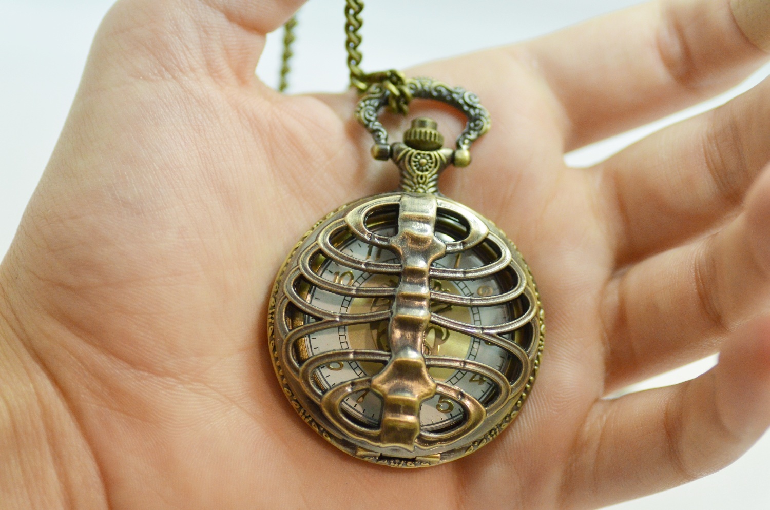 Pocket Watch Anatomical Human Heart Ribcage Antiquish Look Bronze Fob Chain 14