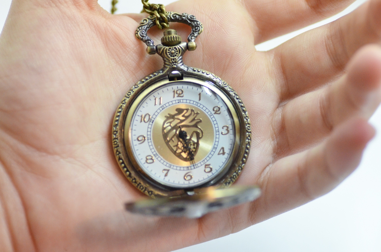 Pocket Watch Anatomical Human Heart Ribcage Antiquish Look Bronze Fob Chain 14