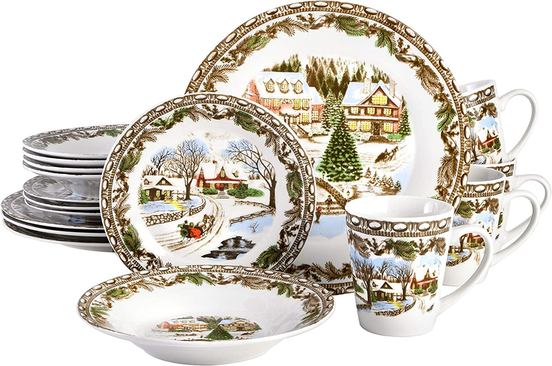 Holiday Dinnerware Set &ndash; 16-Piece Christmas-Themed Stoneware Dishwasher Safe