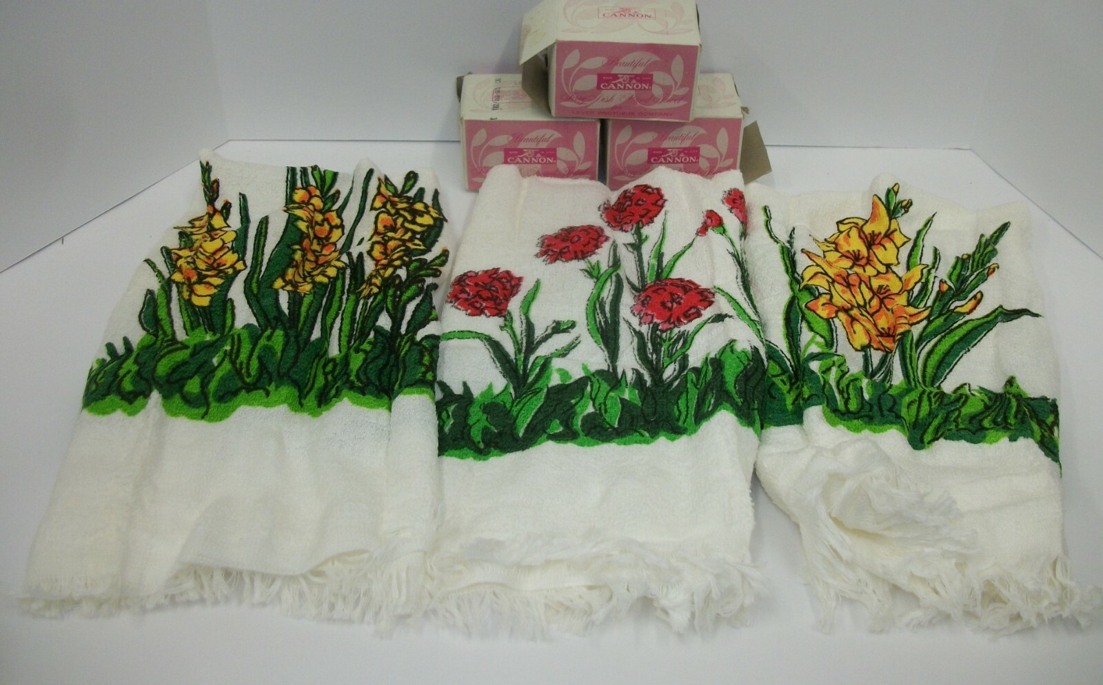 3 Vtg NOS Cannon Floral Terry Dish Hand Towels Premiums Lever Soap Pink Yellow