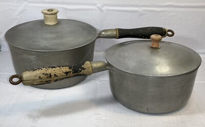 2 Vtg Peerless Aluminum Pots & Lids Nat'l Pressure Cooker Co 3Qt & 2Qt USA