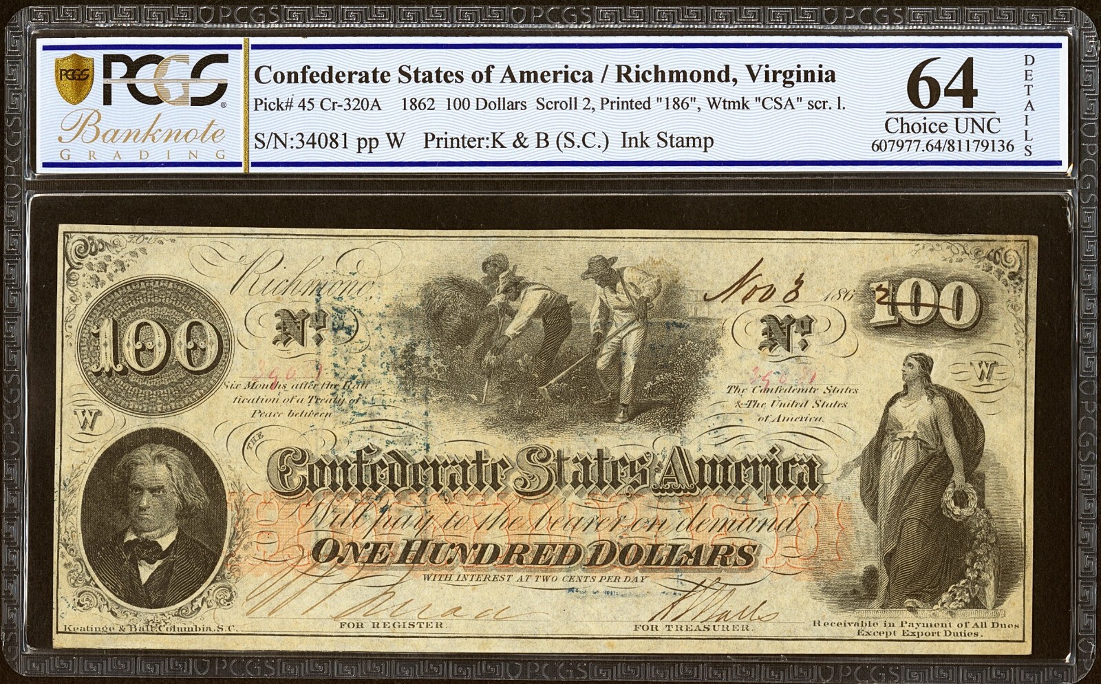 T-41 PF-12 1862 $100 南軍紙幣 - PCGS-B Choice Unc 63 PPQ - PLUS