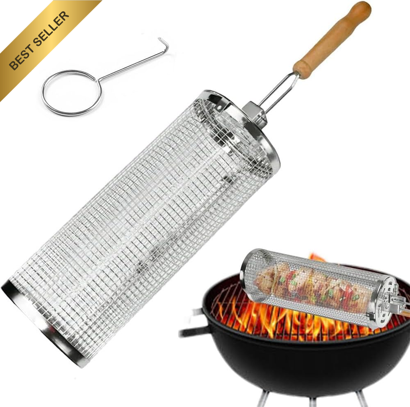 Rolling Grill Basket, Stainless Steel BBQ Grill Basket, Portable Grill Nets, Out