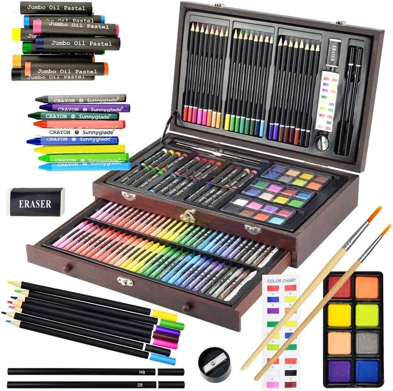 145 Piece Deluxe Art Set, Wooden Art Box & Drawing Kit with Crayons, Oil Pastels