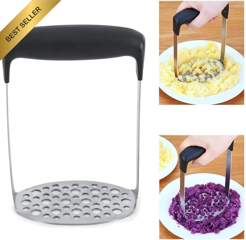 Heavy Duty Stainless Steel Potato Masher Fine Plate Soft Grip Black