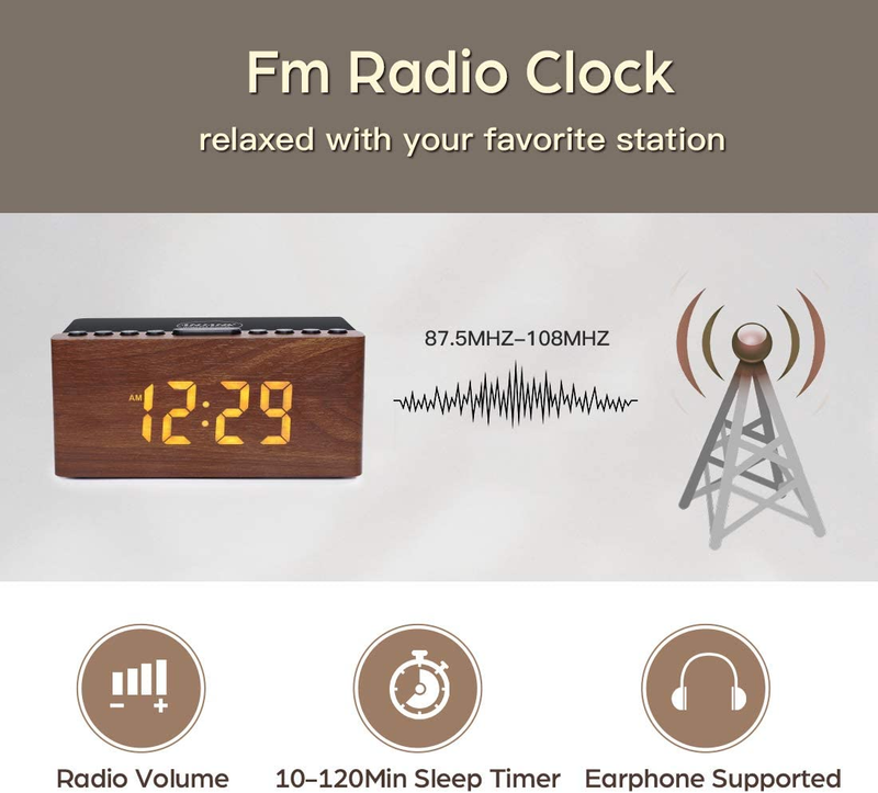 Wooden Digital Alarm Clock FM Radio for Bedrooms,10W Fast Wireless Charger Stati