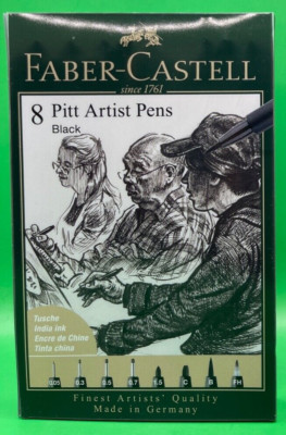 Faber Castell Pitt Artist Pens, Black India Ink, 8 Piece Set, Assorted Sizes