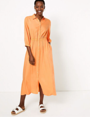 M S Collection Clementine Orange Shirt Dress UK 16 Midi Long Soft Party Casual