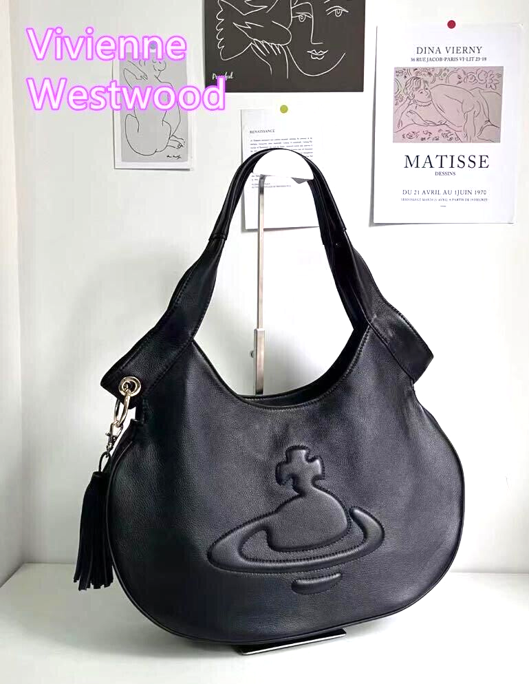 Vivienne Westwood Shoulder Bag Black Leather Orb Logo Outlet
