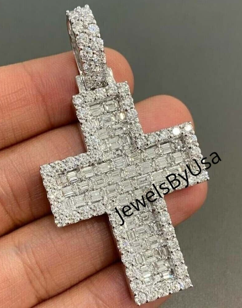 Pre-owned Nsg Men's Studded Cross Pendant 3.50ct Baguette Moissanite White Gold Plated Silver
