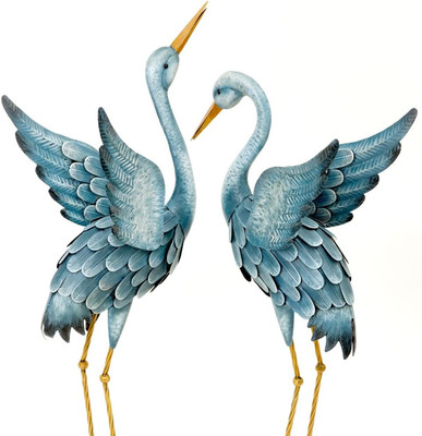 3 Ft. Set of 2 Blue Layered Feathers Heron Metal Garden Sculpture Yard Statue