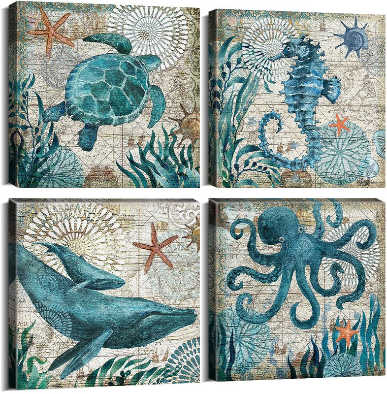 Decor Wall Art Beach/Ocean Theme Canvas Prints 4 pictures Home Bathroom Painting
