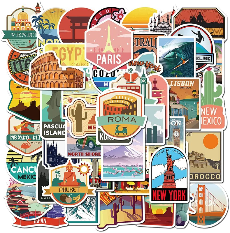 50Pcs Travel Stickers Decal, Waterproof Vinyl Stickers Pack for Luggage, Laptop