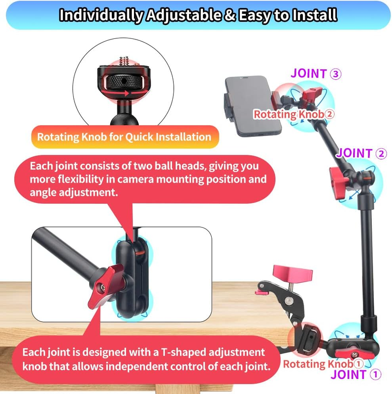 22" Magic Arm with Camera Mount, Adjustable Articulating Friction Boom Arm with
