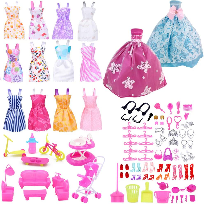 123Pcs Clothes and Accessories for 11.5 Inch Dolls Contain 13 Party Gown Outfits