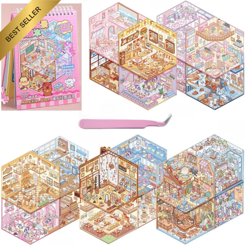 20 Sets 3D Scene Stickerscute Animal Collection Book,Diy Miniature House Sticker