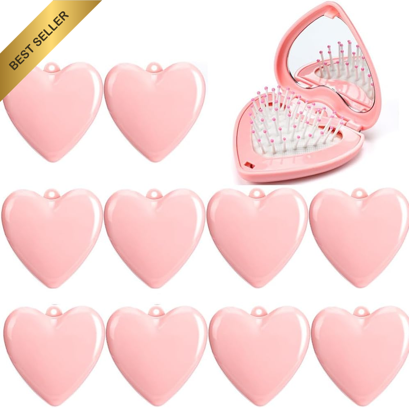 10 Pack Travel Pocket Compact Hairbrush, Pink Heart Mini Comb with Mirror, Folda